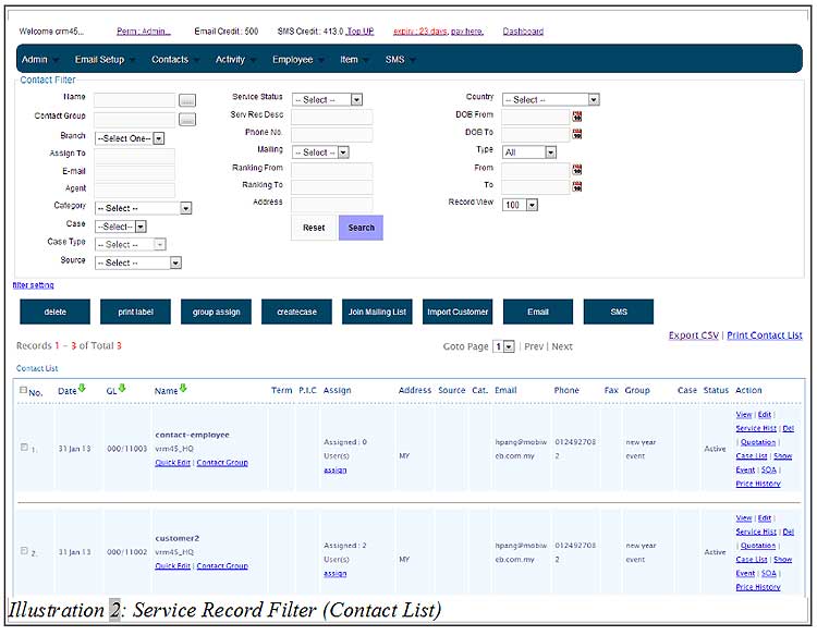 CRM Malaysia Contact List Filter by Service Record 2