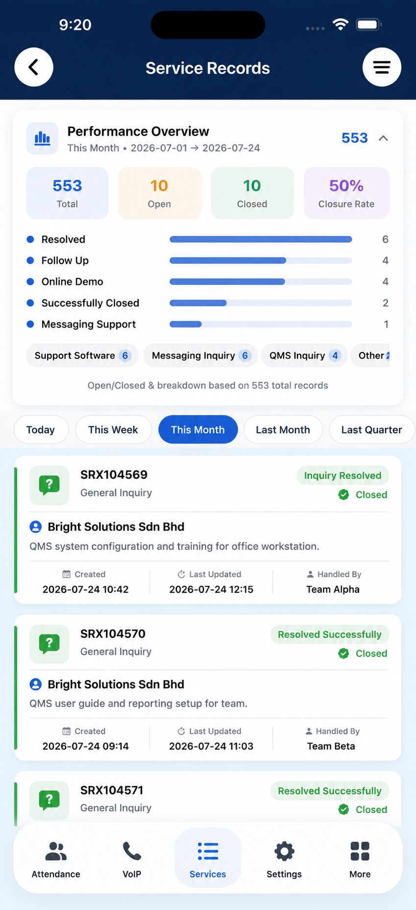 BizCloud mobile app service record analytics