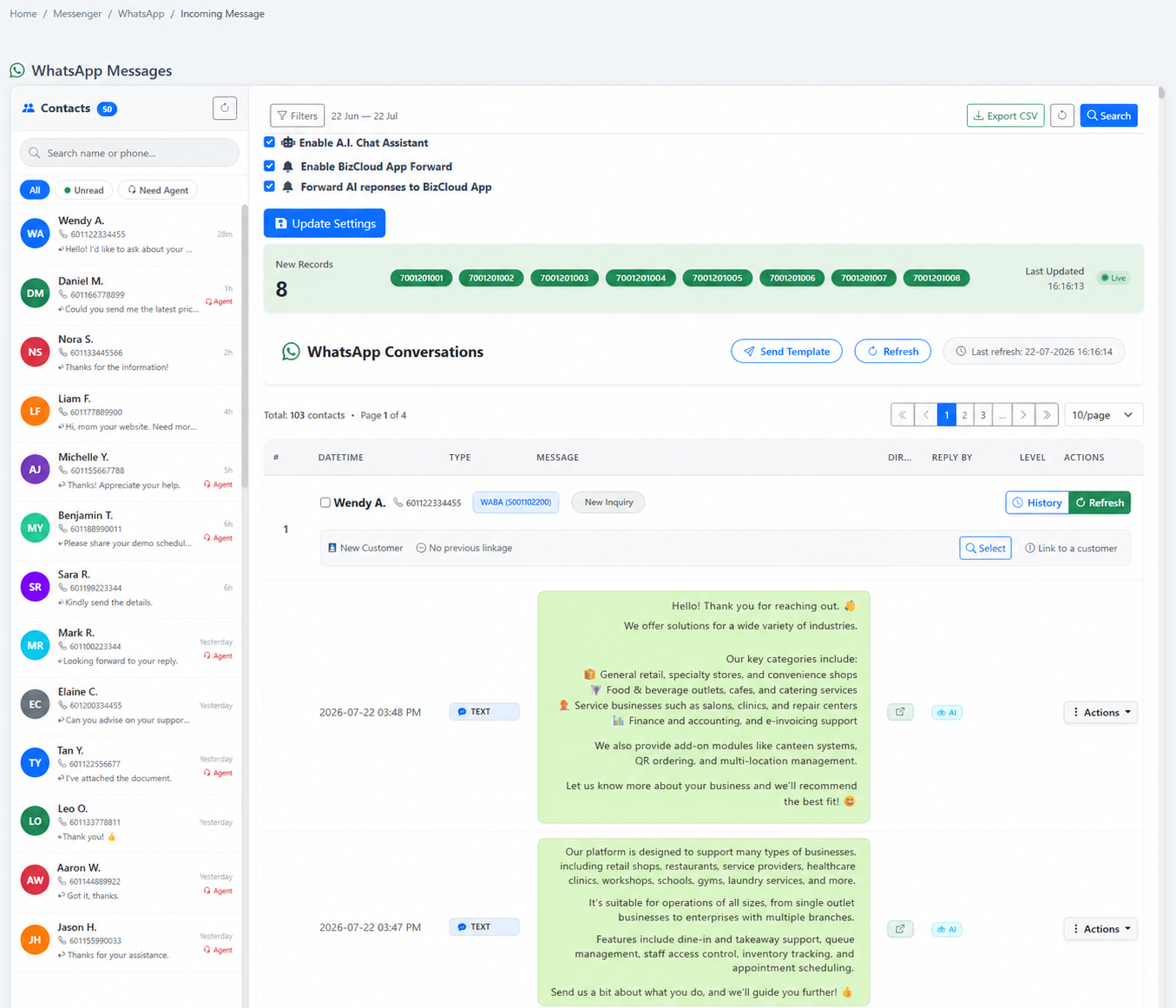 iCRM WhatsApp inbox showing AI and agent replies