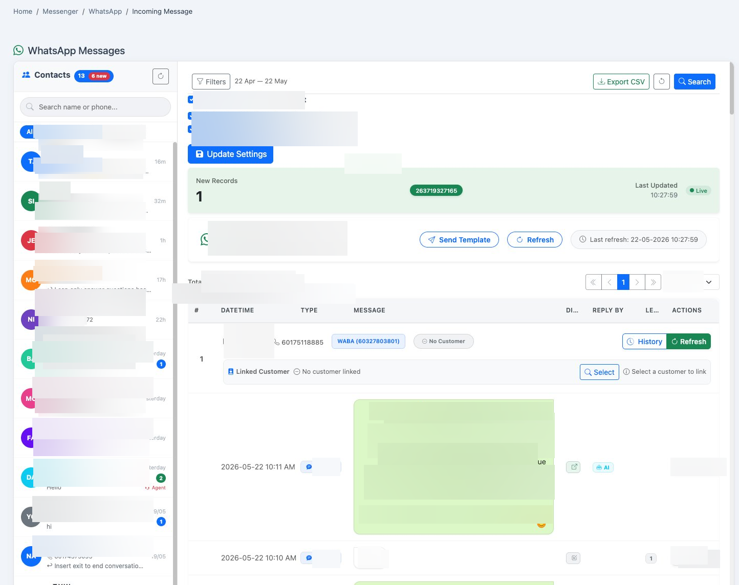 iCRM WhatsApp Inbox — live chat management with AI toggle, customer linking, and real-time message list