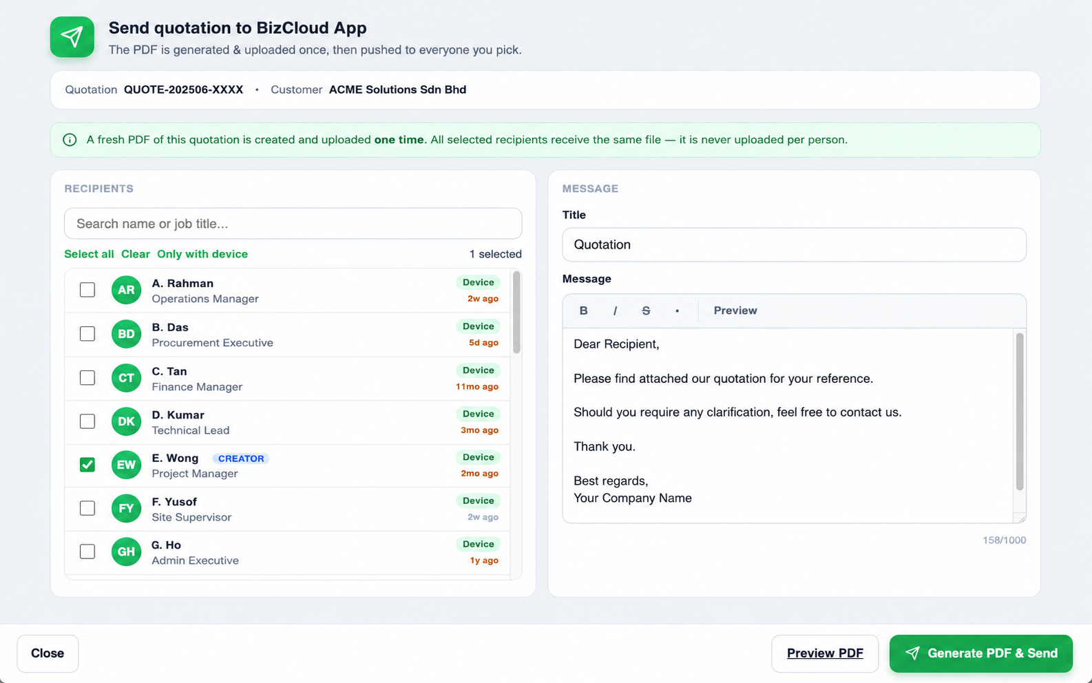 Send quotation to BizCloud App dialog — recipient list with select all / clear / only-with-device, multi-select checkboxes, message editor and Generate PDF & Send