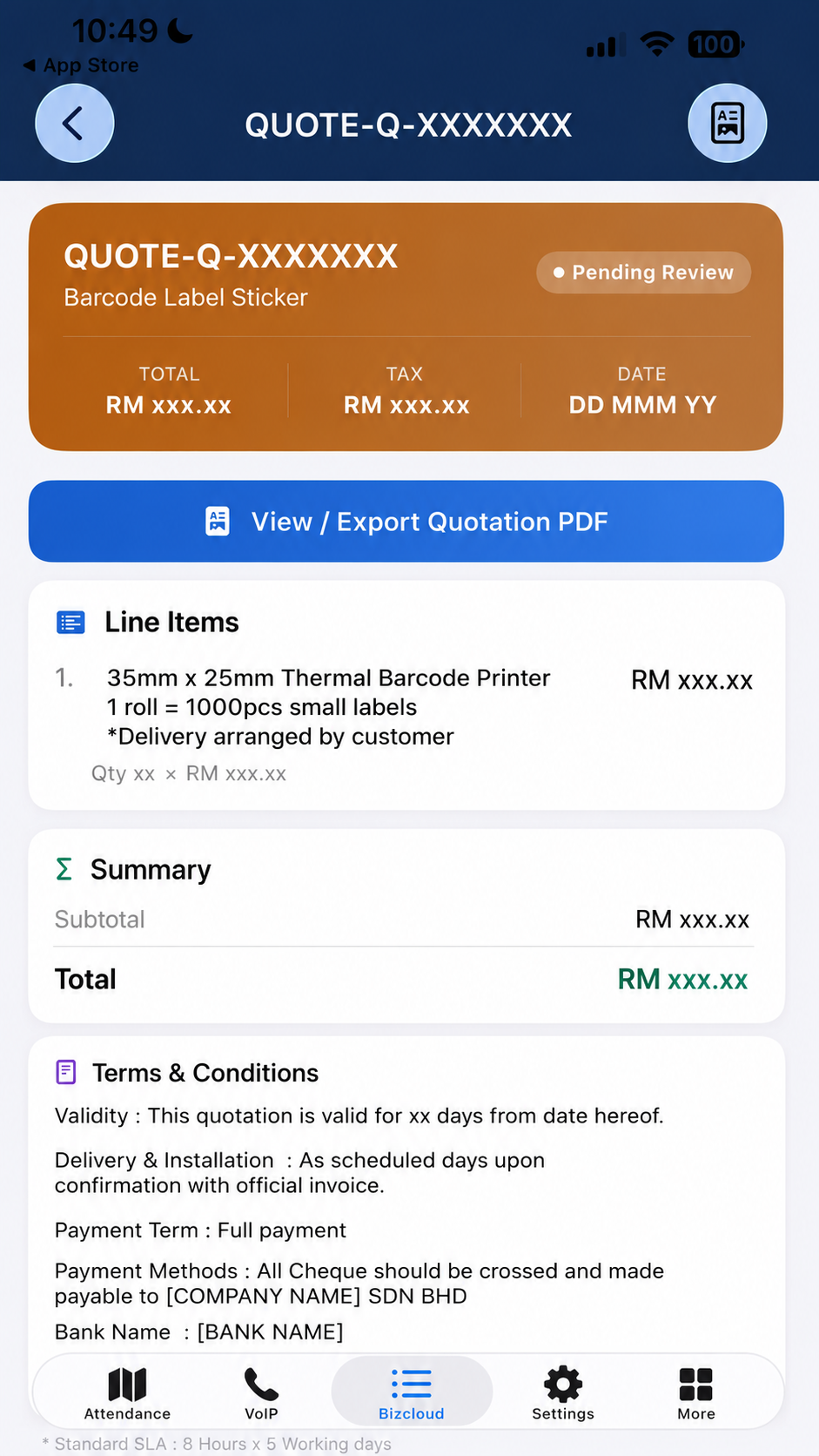 The same quotation in the BizCloud mobile app