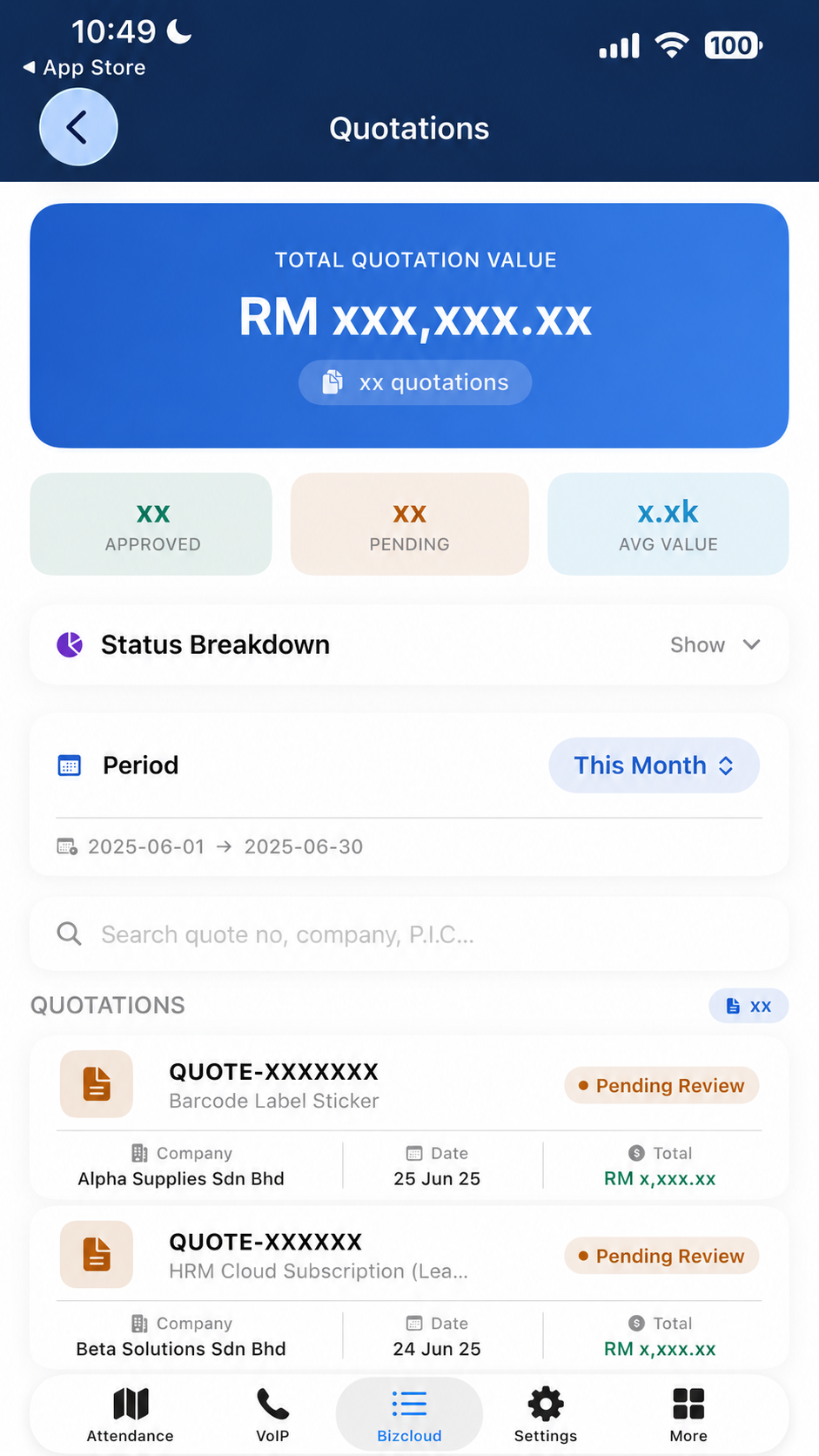BizCloud App quotation list — total value, approved / pending counts, status breakdown and per-company quotations