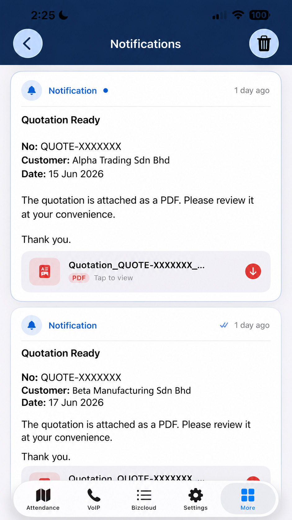 BizCloud App Notifications — a 'Quotation Ready' alert showing quote number, customer, date, a short message and the quotation PDF with tap-to-view and download